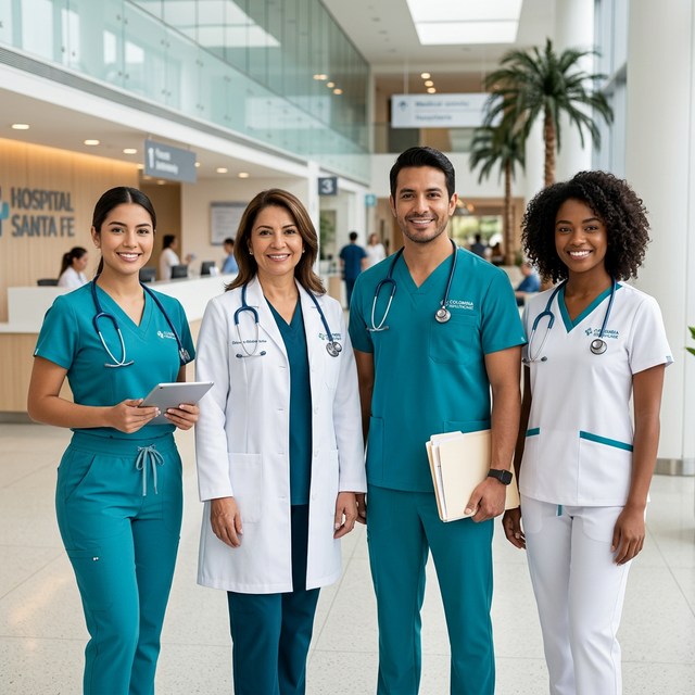 Profesionales de salud usando uniformes antifluido certificados en clínica colombiana